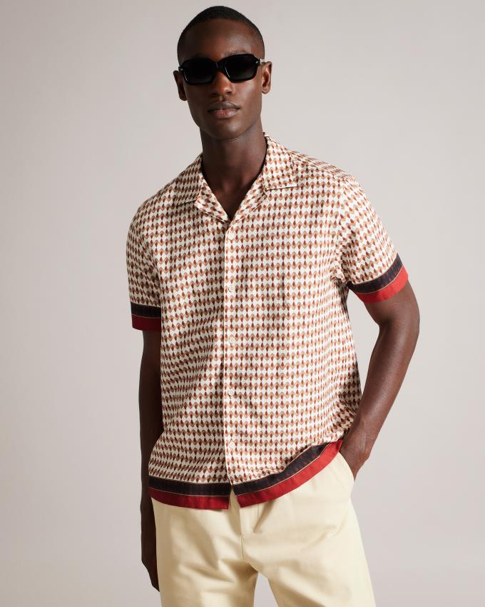 Chemises Ted Baker Short Sleeve Geometric Border Print Blanche Homme | IXG-45509832